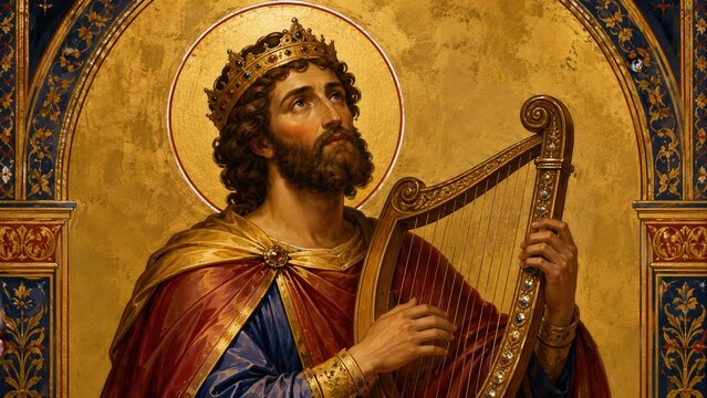 King David playing harp in Byzantine icon style with radiant golden background sacred religious artwork