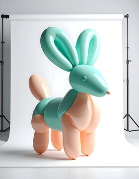 Cute pastel balloon animal rabbit sculpture in a professional photo studio.