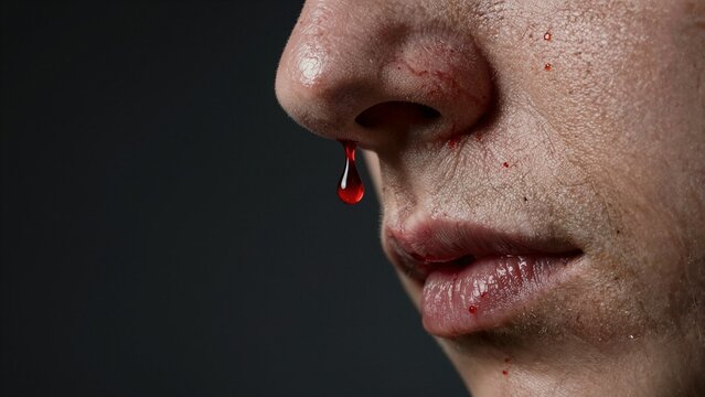 A close-up of a human nose with a single drop of blood falling against dark background, showing skin texture and minor bleeding spots.