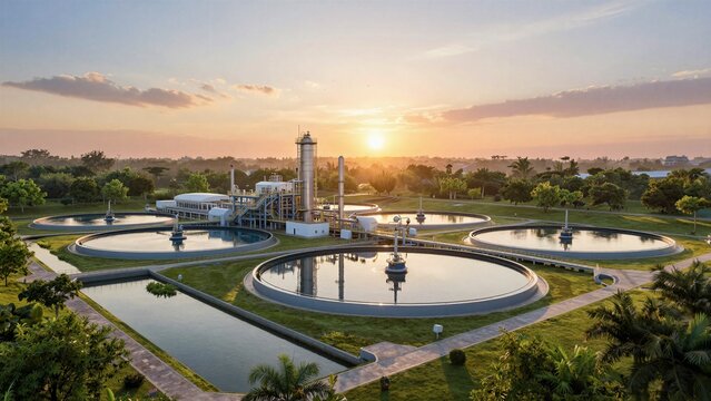 A large-scale water purification facility with circular tanks and industrial structures set against a vibrant sunrise or sunset sky, blending technology with natural surroundings.