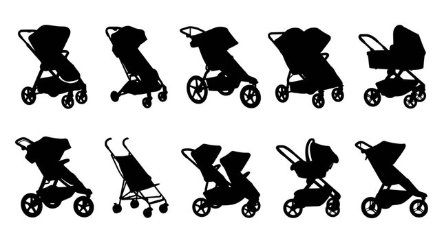 Baby Stroller Silhouette Collection Set of Ten Different Pram and Buggy Models