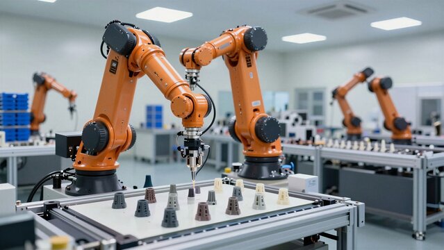 Advanced robotic arms precisely assemble custom prosthetic limbs within a modern manufacturing facility in India.