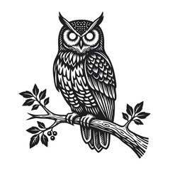 Obraz premium Wise owl perched on a tree branch. Detailed black and white vector illustration of a bird.