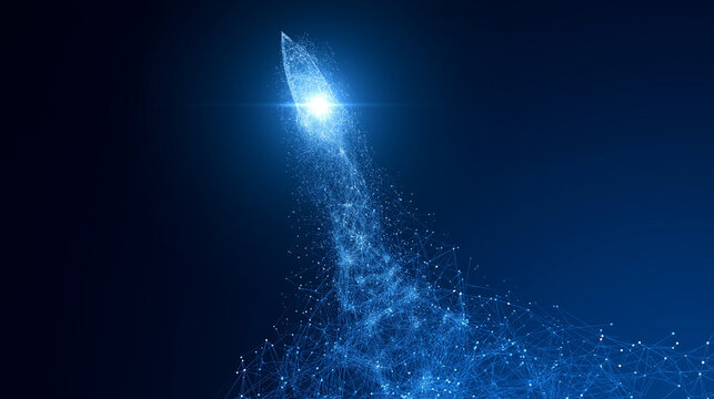 Digital Rocket Launch: A conceptual digital artwork depicts a rocket composed of glowing particles, launching into the dark expanse with a brilliant trail of light and energy.