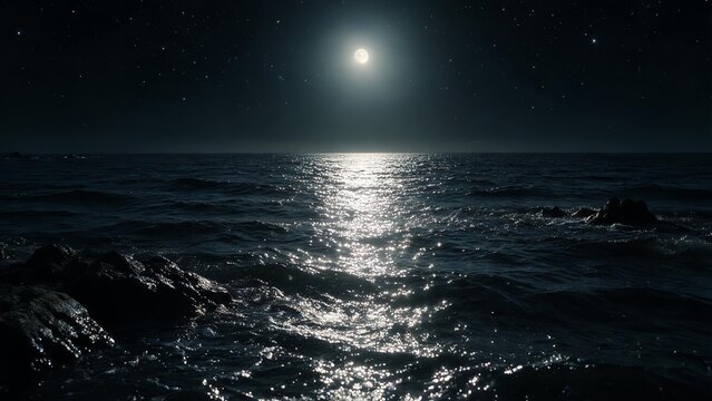 The white moonlight with stars above the sea