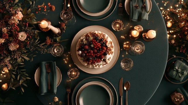 Festive banquet delicious torte sparkling lights floral elegance surprise presents refined styling flat design top view luxury party theme 3D render Split complementary color scheme. 