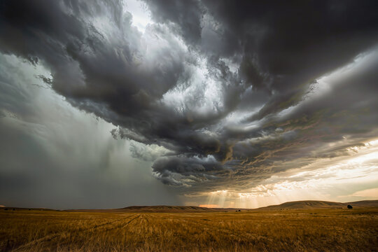 Massive dark storm cloud sweeping over a golden prairie with rain shafts and sun rays breaking through