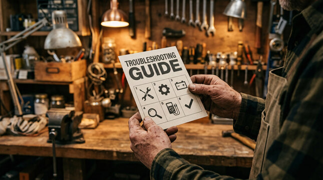 Hands holding printed "TROUBLESHOOTING GUIDE" manual with repair icons in rustic workshop setting