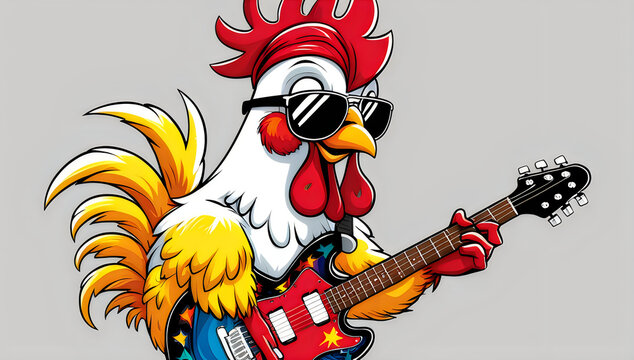 Cool rooster wearing sunglasses playing an electric guitar