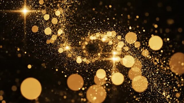 Golden bokeh and swirling glitter on black background