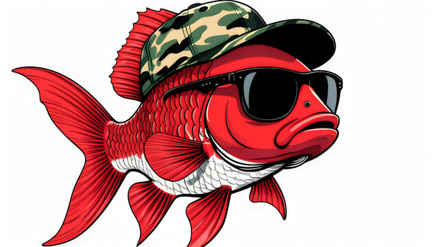 Cool red fish wearing sunglasses and a camouflage baseball cap