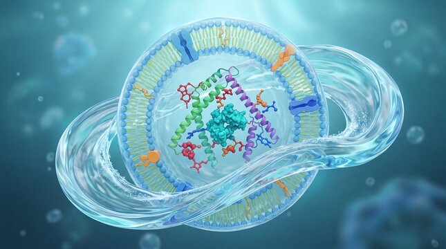 Detailed 3d illustration showing microscopic liposome vesicle encapsulating protein molecules for advanced cosmetic skin delivery systems and targeted pharmaceutical drug therapy research concept