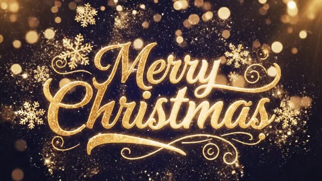 Gold Merry Christmas text with snowflakes and bokeh background