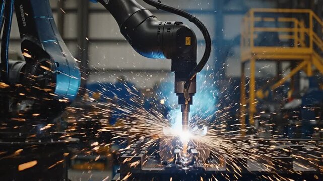 Industrial robotic arm welding metal with bright sparks in a modern factory manufacturing plant