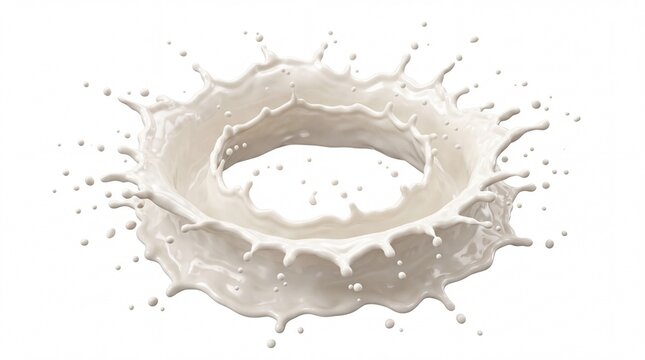 Dynamic realistic milk splash ring with floating droplets isolated on white background for dairy food product advertising template graphic design element 3D illustration