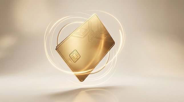 A luxurious gold credit card with a subtle geometric pattern floats in a soft light