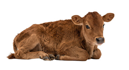 Adorable brown calf resting peacefully on a clean white background © Sapphire