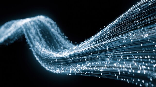 Abstract flowing blue light streaks with glowing particles and binary code overlay