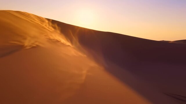 Aerial Drone Flight Over Golden Sand Dunes at Sunset in Erg Chebbi, Morocco