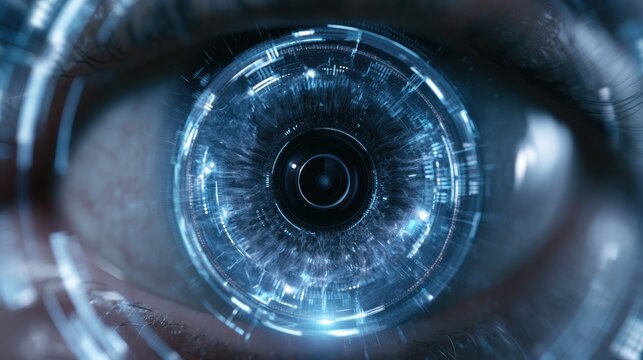 Extreme close up of a futuristic human eye with digital data overlay