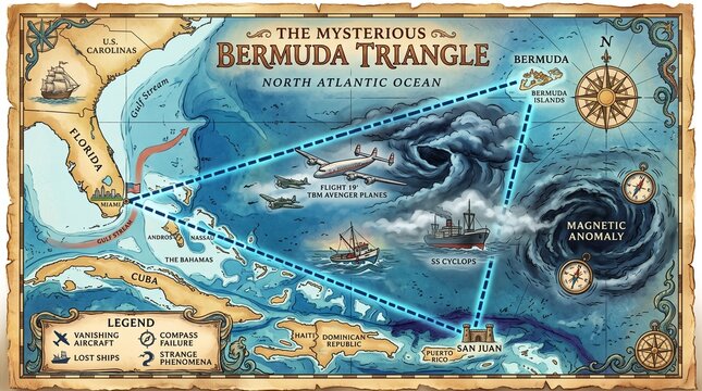 Vintage Illustrated Map of the Mysterious Bermuda Triangle Showing Famous Disappearances and Nautical Legends