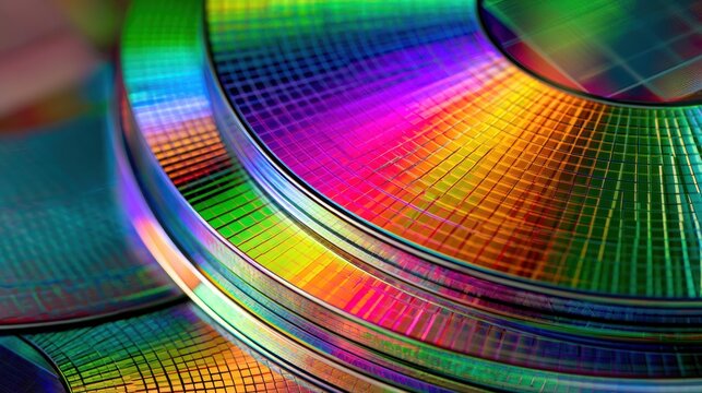 Close up macro shot of a silicon wafer with iridescent rainbow colors and grid pattern