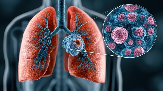 Microscopic view of lung cancer cells within human lungs illustration