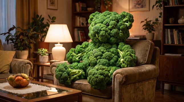 Surreal Giant Broccoli Teddy Bear Sitting on Armchair in Cozy Vintage Living Room Concept