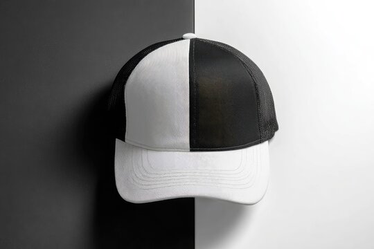 Two-tone baseball cap, black & white, set against a contrasting background