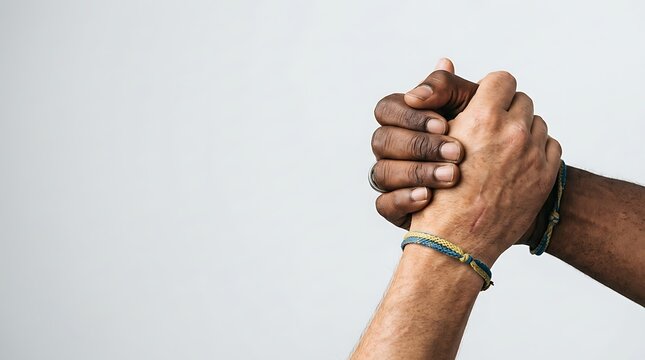 Diverse hands joined in a firm handshake of unity and partnership