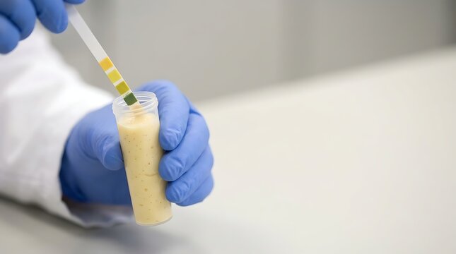 Lab technician testing yellow liquid sample with a ph strip