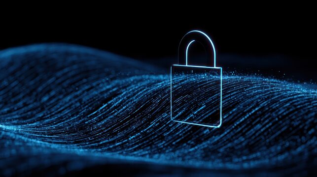 Digital security concept glowing blue lock icon on abstract data wave background