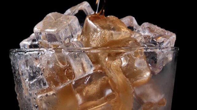 Pouring Cola into a Glass with Ice Cubes