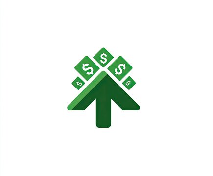 Upward green arrow with dollar signs on white background, business growth concept