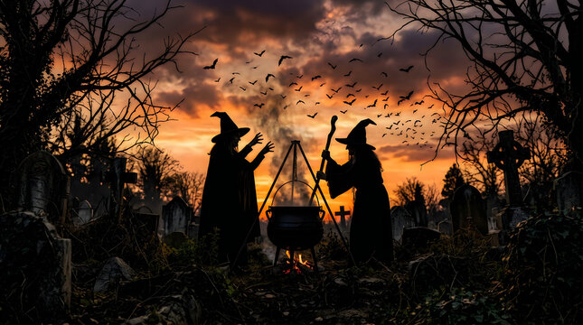 Spooky silhouettes of witches brewing a magic potion in a graveyard for halloween night