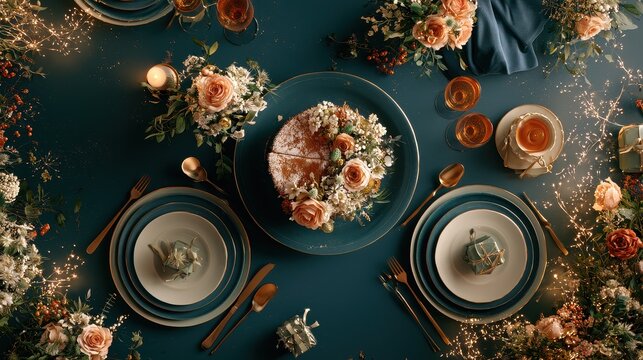 Festive banquet delicious torte sparkling lights floral elegance surprise presents refined styling flat design top view luxury party theme 3D render Split complementary color scheme. 
