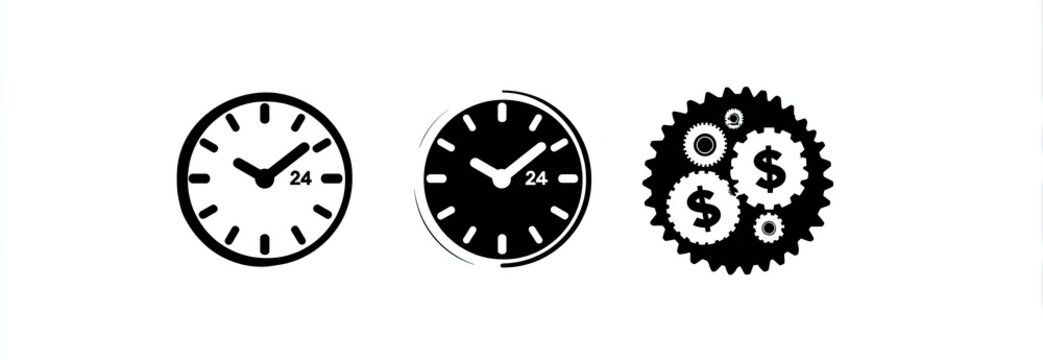 Vector clock icons depicting time and finances. Includes 24 hour clocks and gears