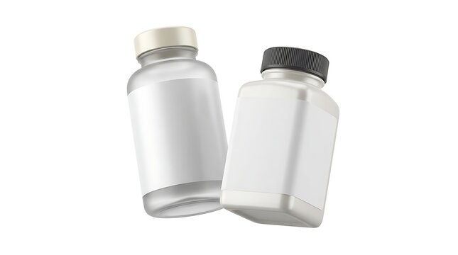 Two blank pill bottles with a frosted glass container and a white plastic container for medicine supplements or vitamins isolated on white background