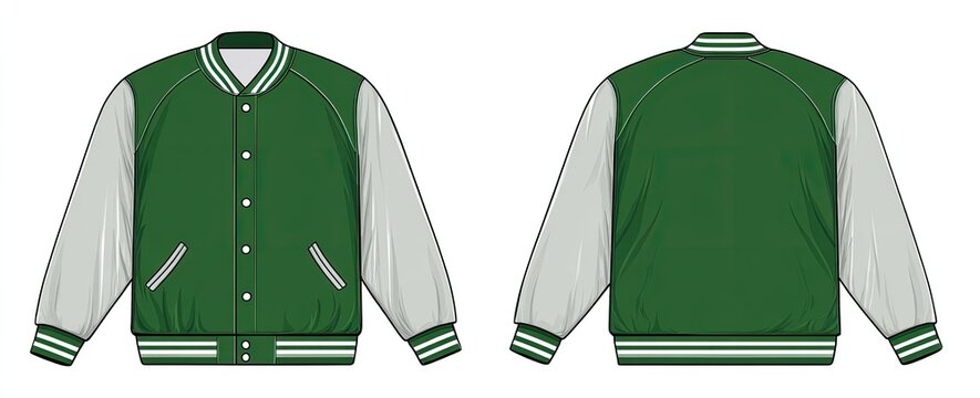 Vector illustration of a green and gray varsity jacket, front and back view