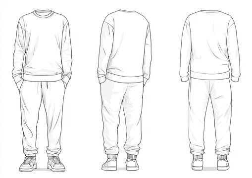 Vector illustration of a men's sweatshirt and joggers, front, side, and back views
