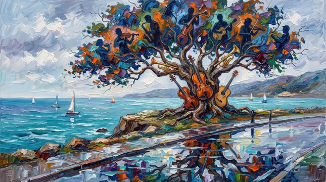 Artistic depiction of music tree with multiple musicians and hanging instruments near ocean shore.