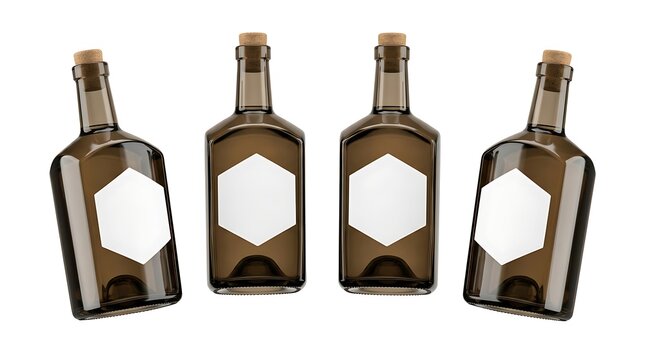 Four dark glass bottles with blank hexagonal labels and cork stoppers for gin or spirit branding isolated on white background