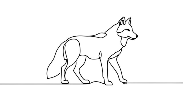 Minimalist line art of a wolf walking white background.