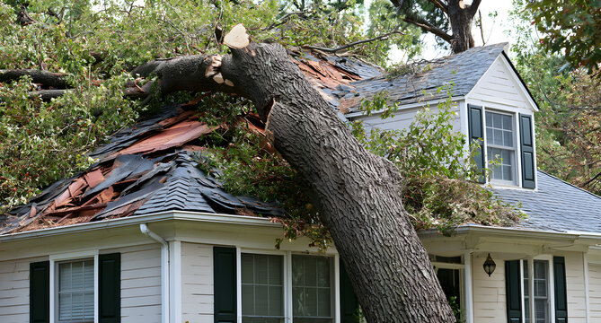 Damaged roofing was caused by severe storm damage after a large tree fell during tropical winds