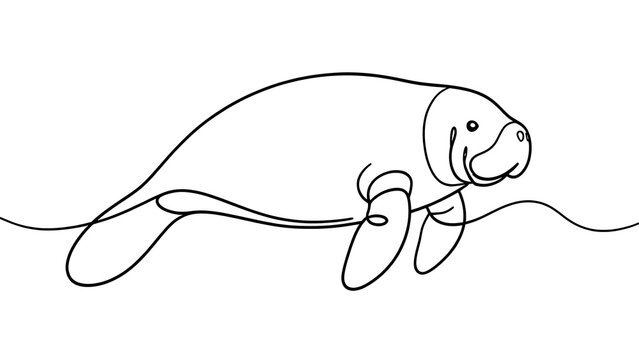 Minimalist manatee line art white background.