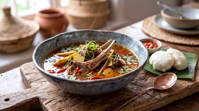Authentic Zambian Chinyama Soup with Beef Ribs Lemongrass and Nshima on Side