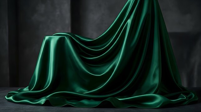 Luxurious deep green satin fabric draping elegantly with smooth folds and soft glossy highlights featuring high quality rich velvet on transparent background