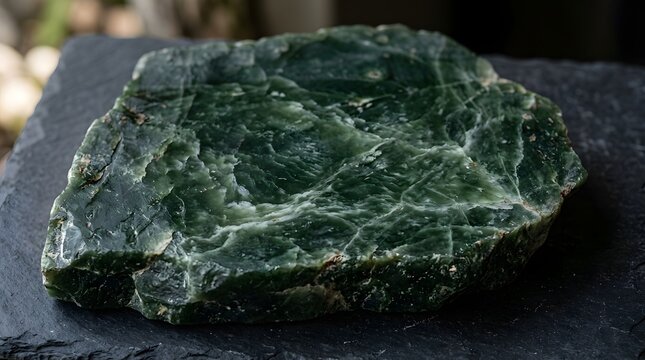 Polished dark green jade stone slab featuring intricate crystalline mineral veins and glossy surface texture details isolated on transparent background