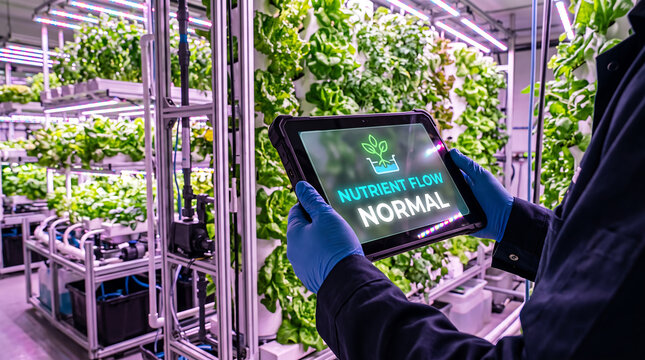 Person monitoring nutrient flow in hightech indoor vertical farming system with tablet device