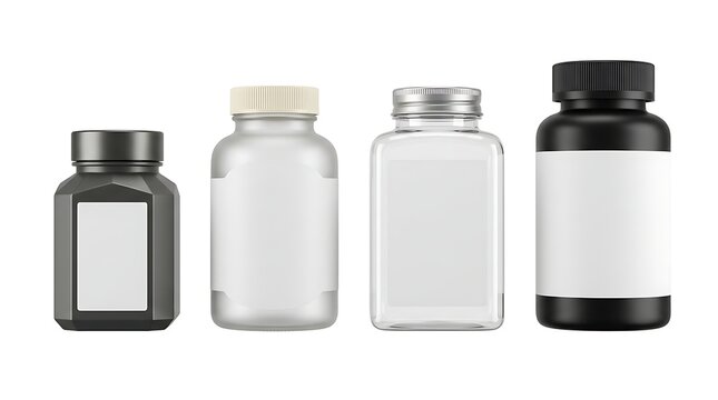 Set of four different empty pill bottles and supplement containers with blank labels for medicine and health products isolated on white background